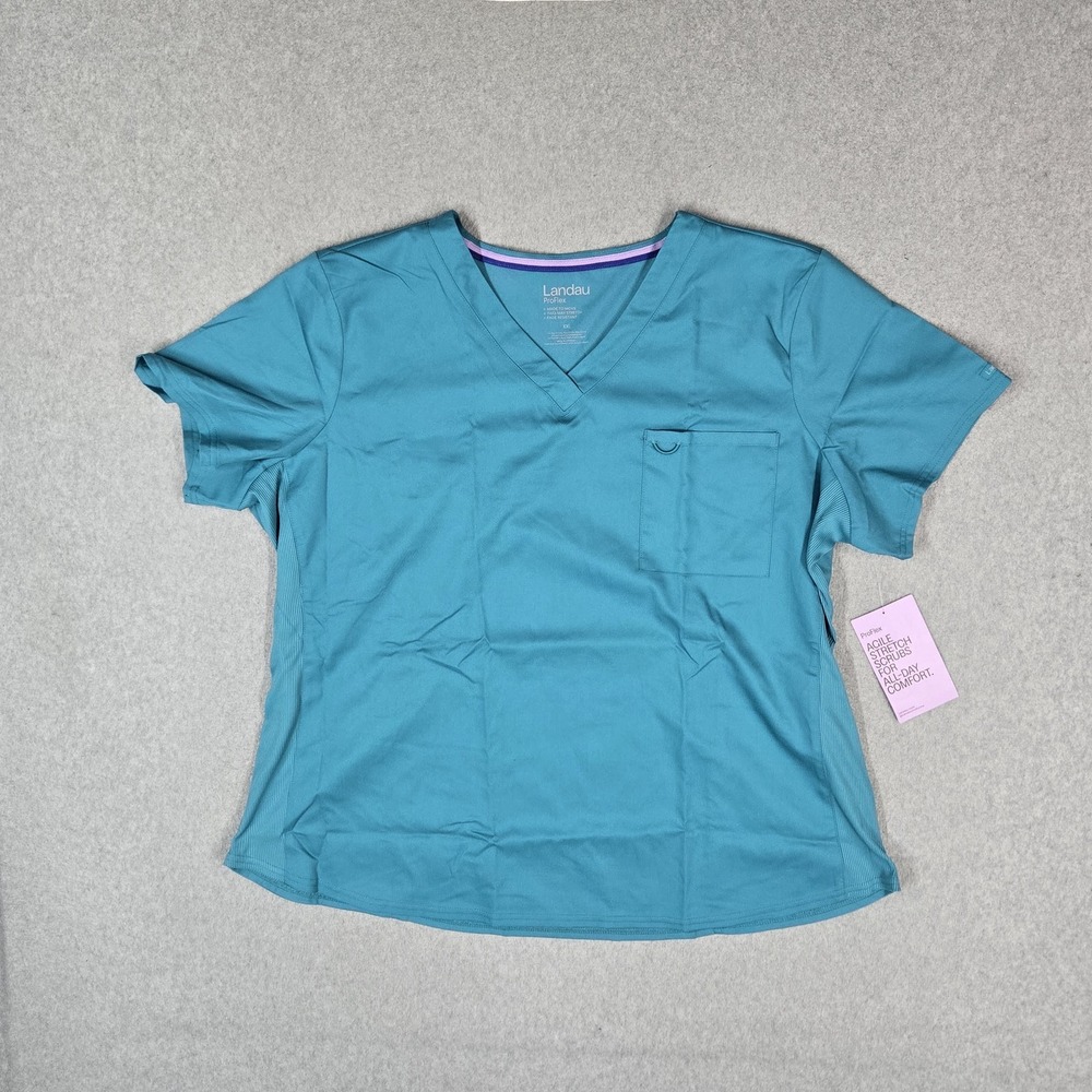 Landau Women Scrub Top XXL REGULAR Teal Proflex Tuckable With V-Neck NWT